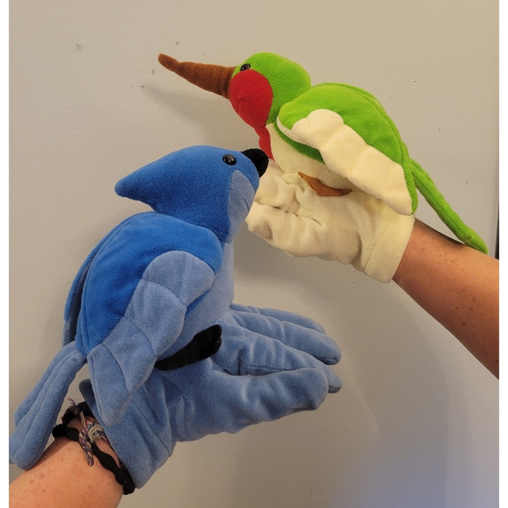 Vintage Plush Creations Bird Hand Puppets Set Hummingbird Blue Jay Glove Toy